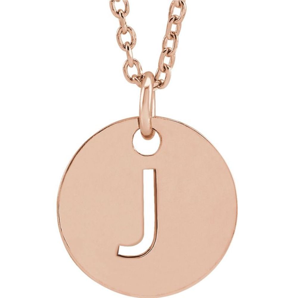 14k Rose Gold Initial J, Small 10mm Pierced Disc Necklace, 16-18 Inch